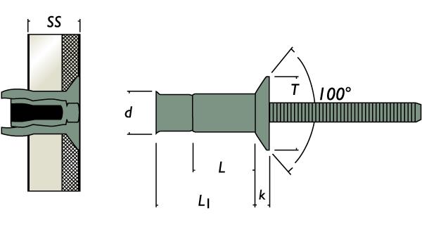 schema technique d'un rivet structure monobolt à tête fraisée